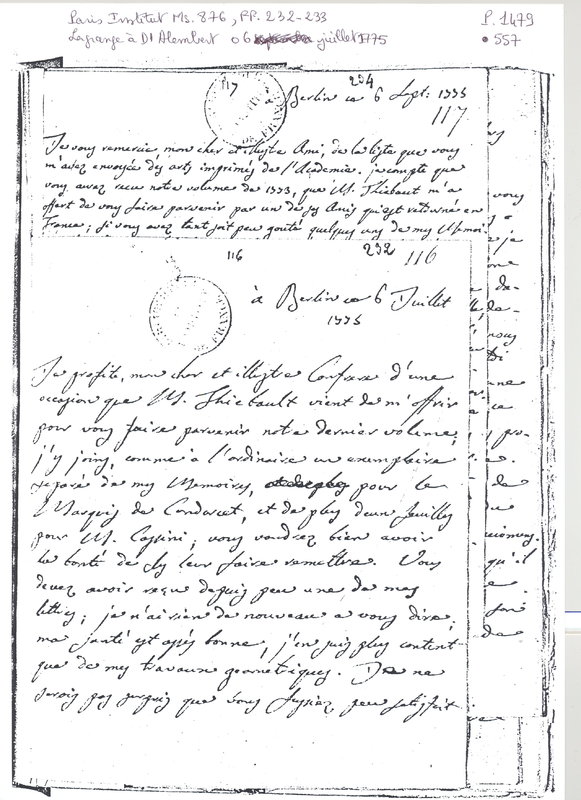 Lettre de Lagrange à D'Alembert, 6 juillet 1775 Lettre de Lagrange à D'Alembert, 6 juillet 1775