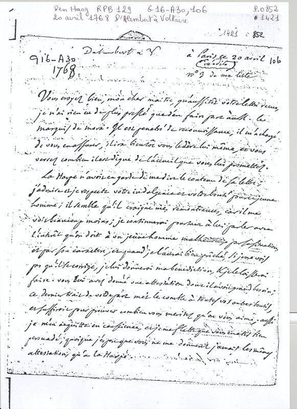 Lettre de D'Alembert à Voltaire, 20 avril 1768 Lettre de D'Alembert à Voltaire, 20 avril 1768