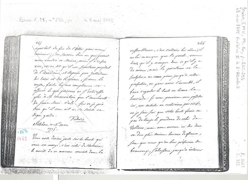Lettre de Frédéric II à D'Alembert, 8 mai 1775 Lettre de Frédéric II à D'Alembert, 8 mai 1775