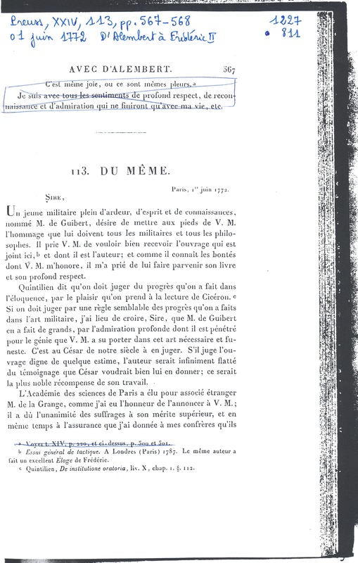 Lettre de D'Alembert à Frédéric II, 1er juin 1772 Lettre de D'Alembert à Frédéric II, 1er juin 1772
