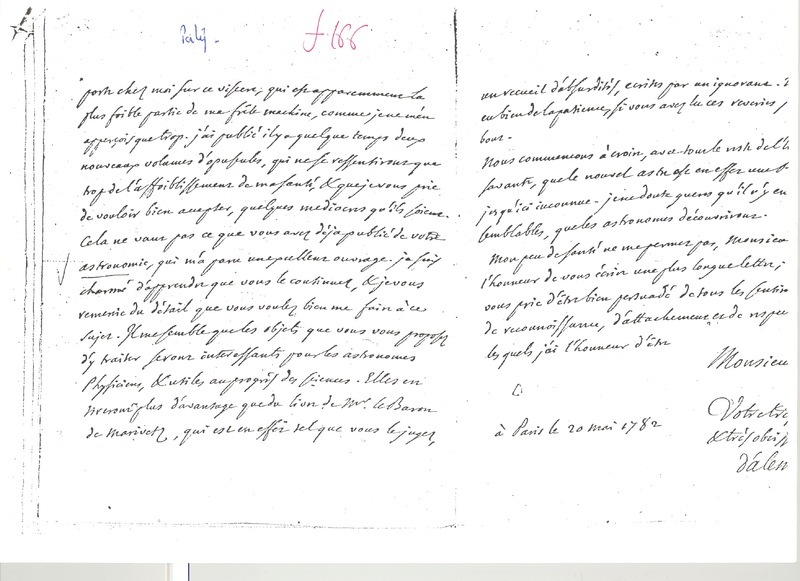 Lettre de D'Alembert à Melanderhjelm, 20 mai 1782 Lettre de D'Alembert à Melanderhjelm, 20 mai 1782