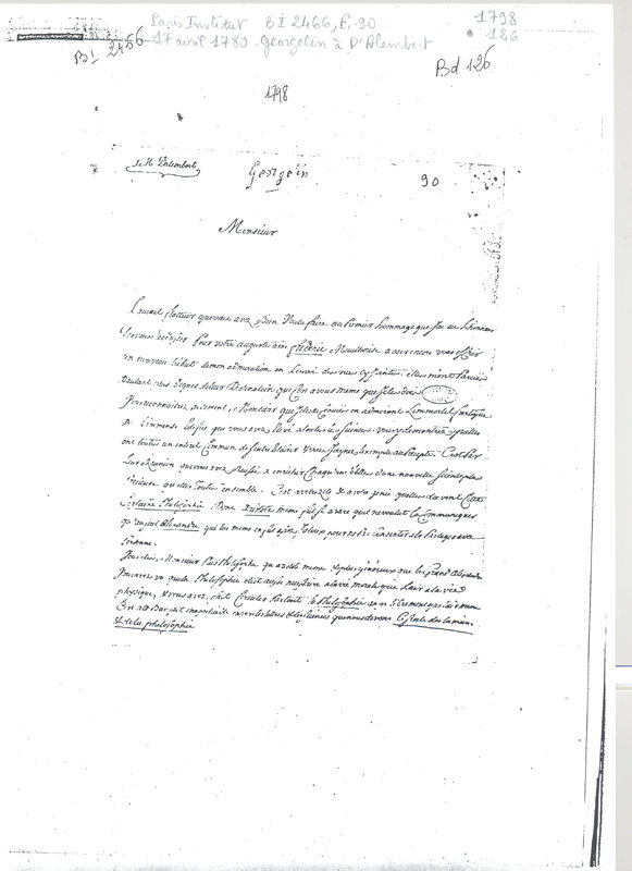 Lettre de Georgelin à D'Alembert, 17 avril 1780 Lettre de Georgelin à D'Alembert, 17 avril 1780