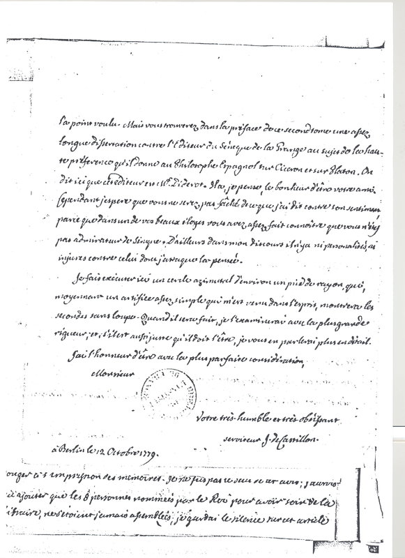 Lettre de Castillon à D'Alembert, 12 octobre 1779 Lettre de Castillon à D'Alembert, 12 octobre 1779