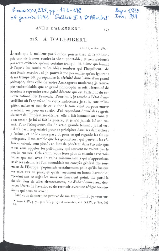 Lettre de Frédéric II à D'Alembert, 6 janvier 1781 Lettre de Frédéric II à D'Alembert, 6 janvier 1781