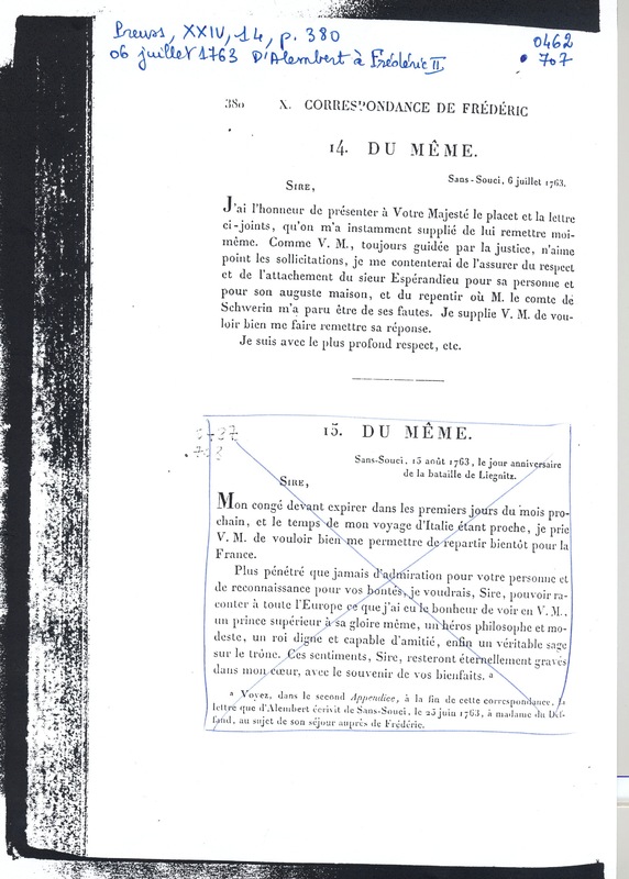 Lettre de D'Alembert à Frédéric II, 6 juillet 1763 Lettre de D'Alembert à Frédéric II, 6 juillet 1763