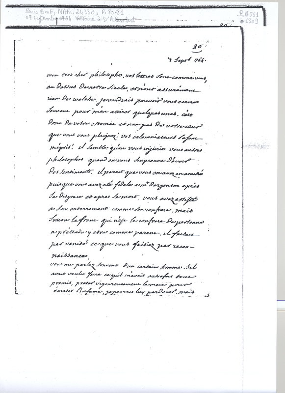 Lettre de Voltaire à D'Alembert, 7 septembre 1764