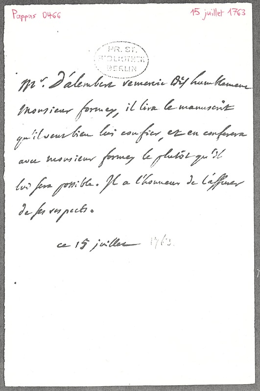 Lettre de D'Alembert à Formey, 15 juillet 1763 Lettre de D'Alembert à Formey, 15 juillet 1763