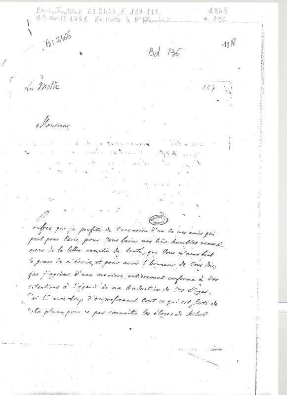 Lettre de La Motte à D'Alembert, 19 avril 1781 Lettre de La Motte à D'Alembert, 19 avril 1781