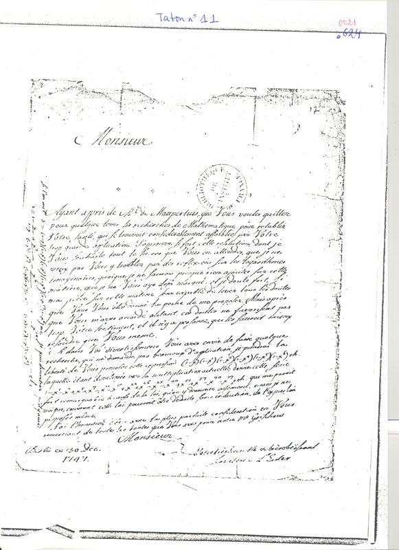 Lettre de Euler Leonhard à D'Alembert, 30 décembre 1747 Lettre de Euler Leonhard à D'Alembert, 30 décembre 1747