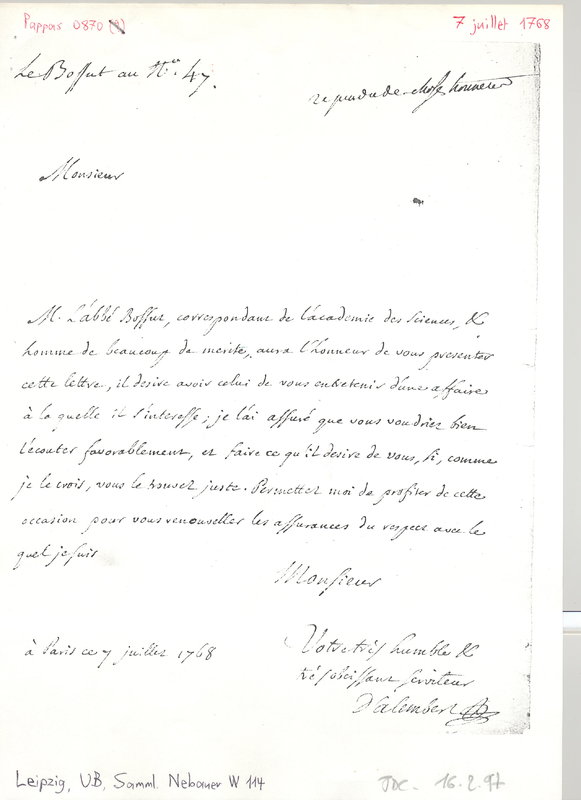 Lettre de D'Alembert à Non identifié, 7 juillet 1768 Lettre de D'Alembert à Non identifié, 7 juillet 1768