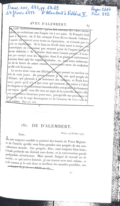 Lettre de D'Alembert à Frédéric II, 17 février 1777 Lettre de D'Alembert à Frédéric II, 17 février 1777
