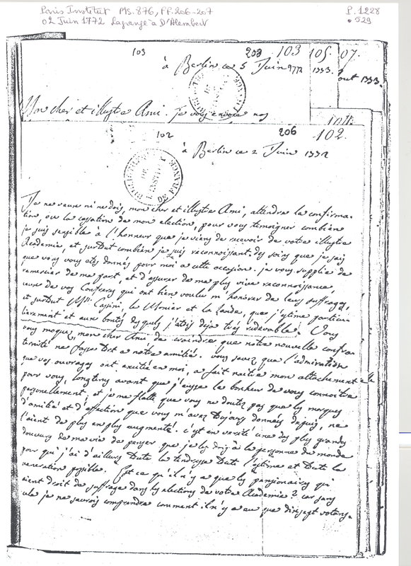Lettre de Lagrange à D'Alembert, 2 juin 1772 Lettre de Lagrange à D'Alembert, 2 juin 1772