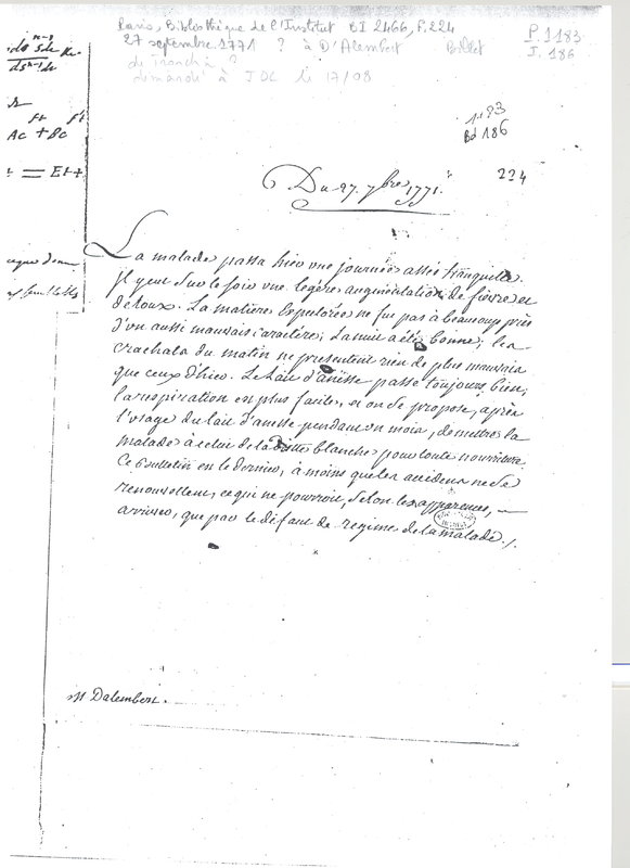 Lettre de Un médecin à D'Alembert, 27 septembre 1771 Lettre de Un médecin à D'Alembert, 27 septembre 1771