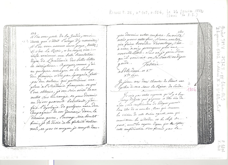 Lettre de Frédéric II à D'Alembert, 26 janvier 1772 Lettre de Frédéric II à D'Alembert, 26 janvier 1772