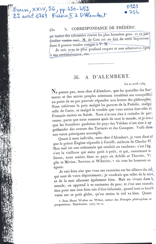 Lettre de Frédéric II à D'Alembert, 22 avril 1769 Lettre de Frédéric II à D'Alembert, 22 avril 1769