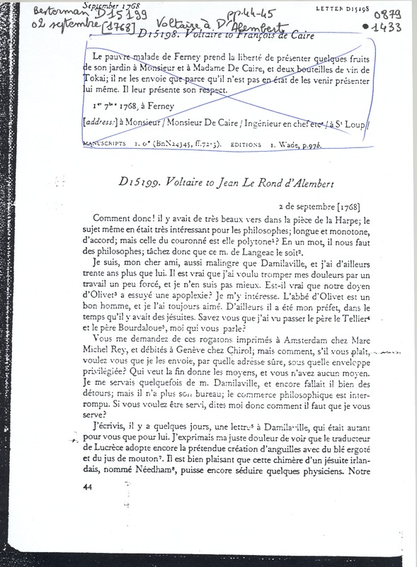 Lettre de Voltaire à D'Alembert, 2 septembre 1768 Lettre de Voltaire à D'Alembert, 2 septembre 1768