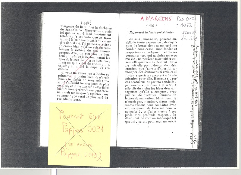 Lettre de D'Alembert à Argens, 22 décembre 1753