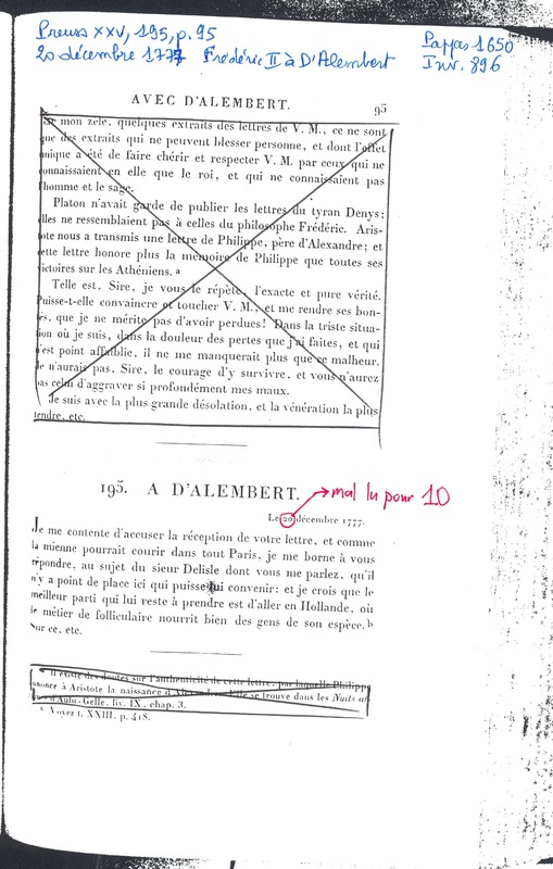Lettre de Frédéric II à D'Alembert, 10 décembre 1777 Lettre de Frédéric II à D'Alembert, 10 décembre 1777