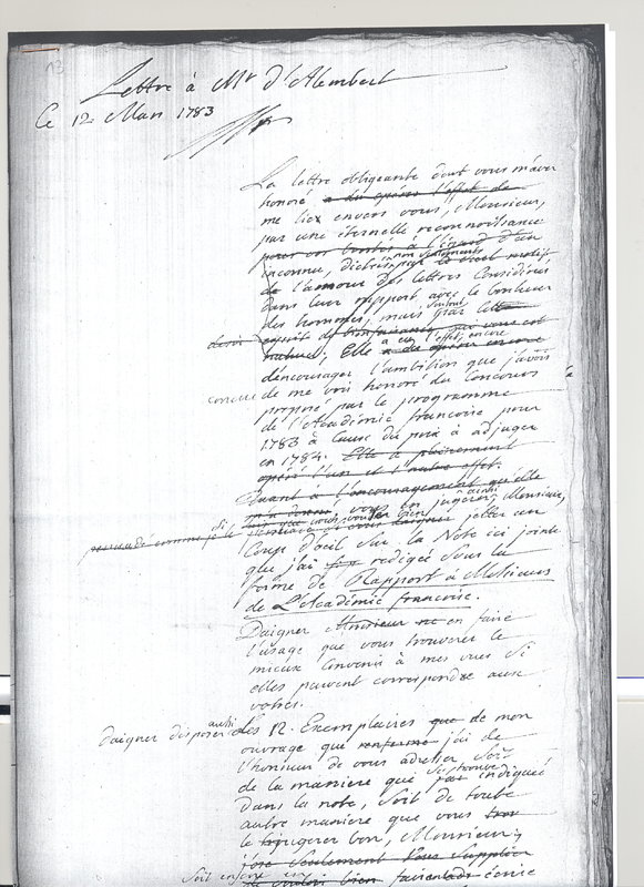 Lettre de Rapedius de Berg à D'Alembert, 12 mars 1783 Lettre de Rapedius de Berg à D'Alembert, 12 mars 1783