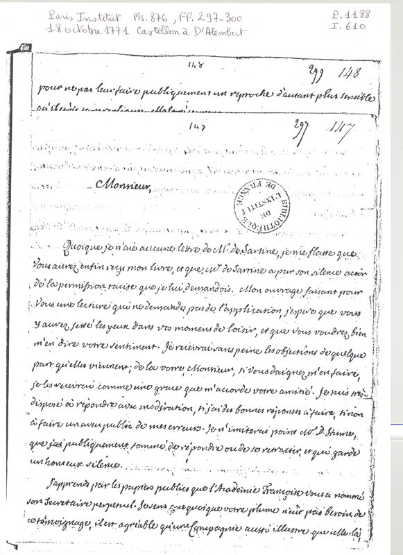 Lettre de Castillon à D'Alembert, 18 octobre 1772 Lettre de Castillon à D'Alembert, 18 octobre 1772