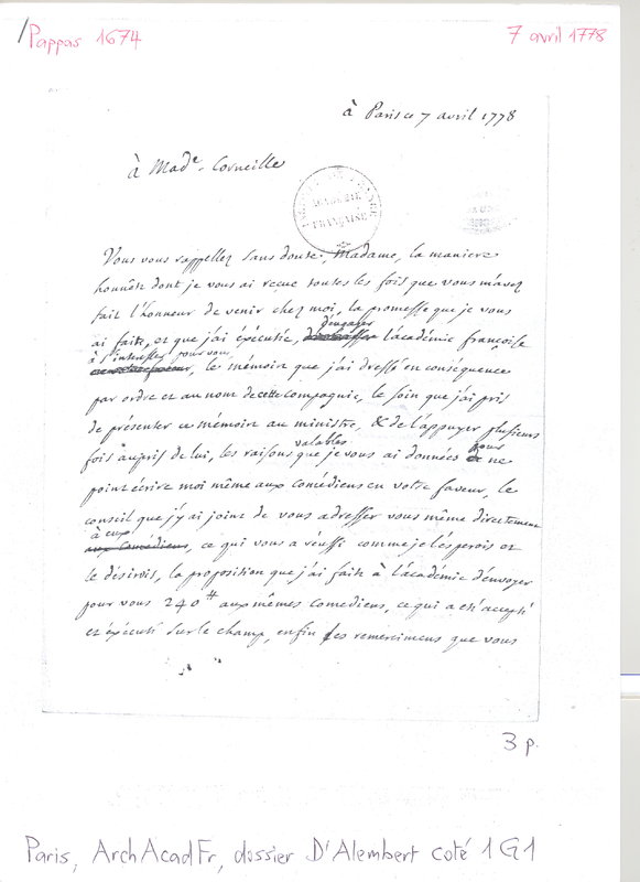 Lettre de D'Alembert à Mme Corneille (Rosset), 7 avril 1778