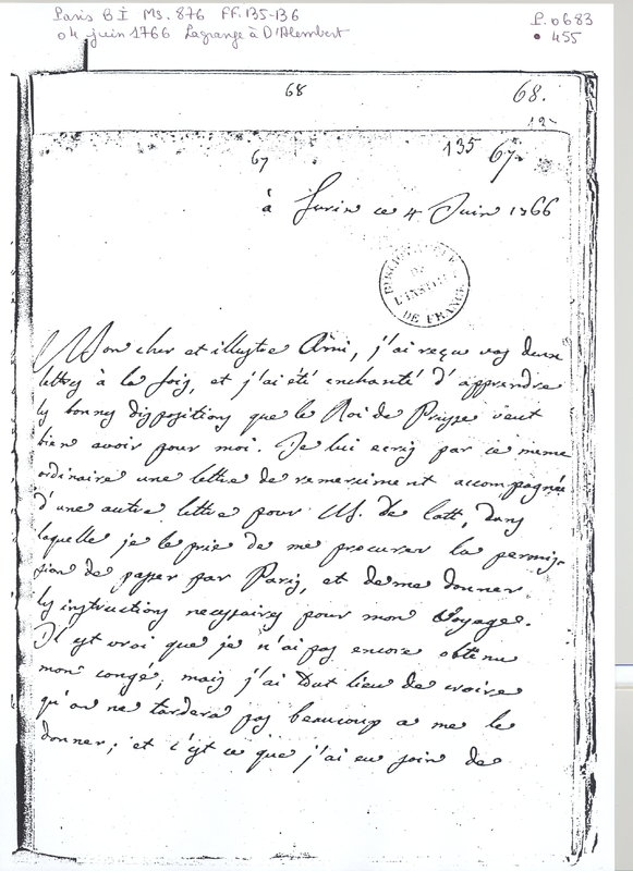 Lettre de Lagrange à D'Alembert, 4 juin 1766 Lettre de Lagrange à D'Alembert, 4 juin 1766