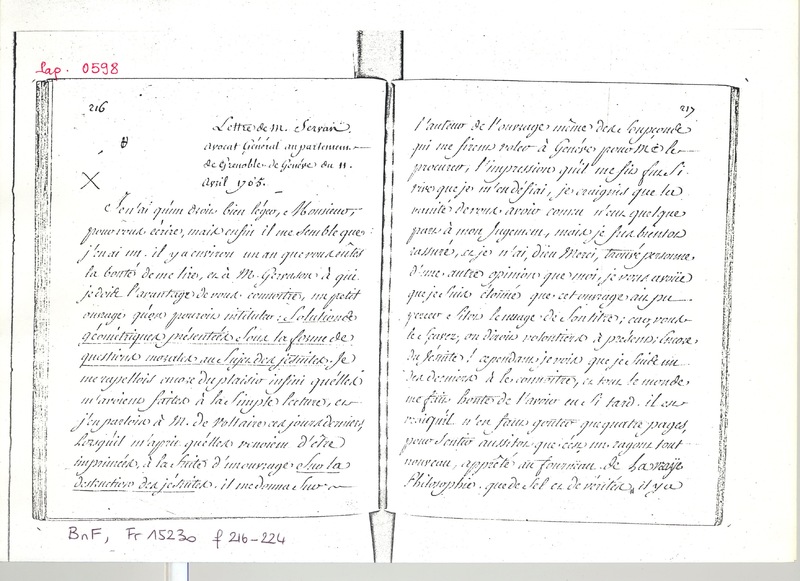 Lettre de Servan à D'Alembert, 11 avril 1765 Lettre de Servan à D'Alembert, 11 avril 1765