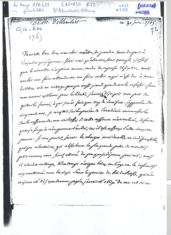 Lettre de D'Alembert à Voltaire, 30 juin 1765 Lettre de D'Alembert à Voltaire, 30 juin 1765