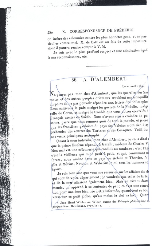 Lettre de D'Alembert à Frédéric II, 10 avril 1769 Lettre de D'Alembert à Frédéric II, 10 avril 1769