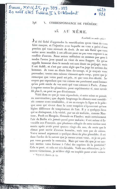 Lettre de Frédéric II à D'Alembert, 20 août 1765 Lettre de Frédéric II à D'Alembert, 20 août 1765