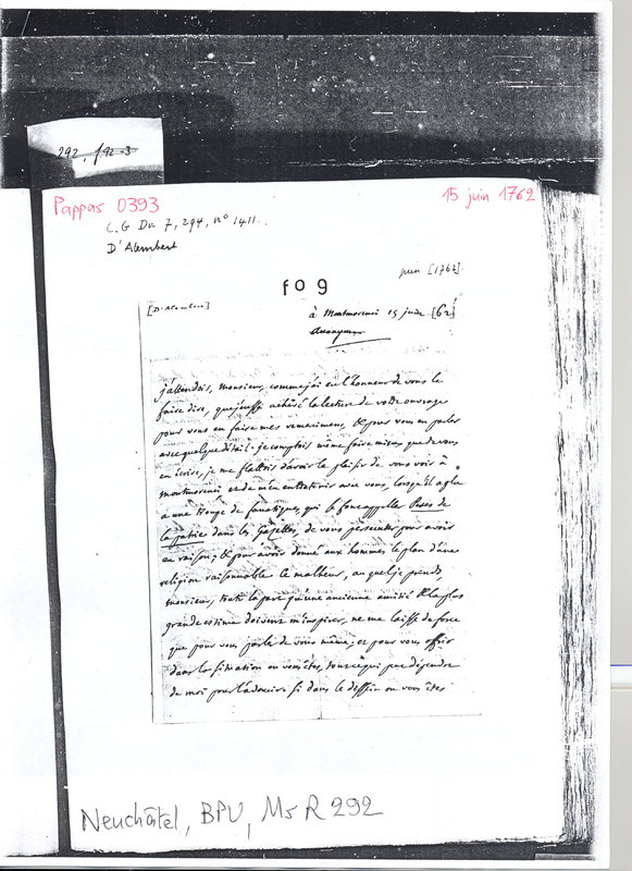 Lettre de D'Alembert à Rousseau Jean Jacques, 15 juin 1762 Lettre de D'Alembert à Rousseau Jean Jacques, 15 juin 1762