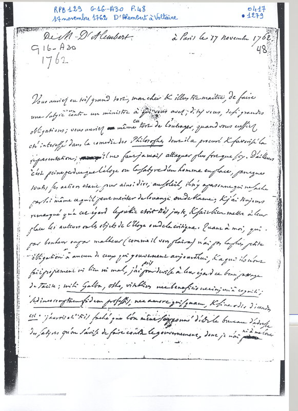 Lettre de D'Alembert à Voltaire, 17 novembre 1762 Lettre de D'Alembert à Voltaire, 17 novembre 1762