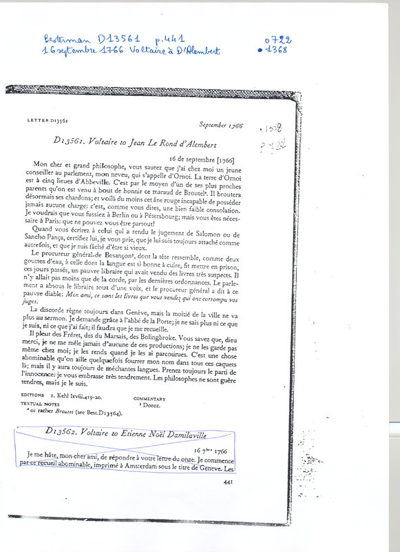 Lettre de Voltaire à D'Alembert, 16 septembre 1766 Lettre de Voltaire à D'Alembert, 16 septembre 1766