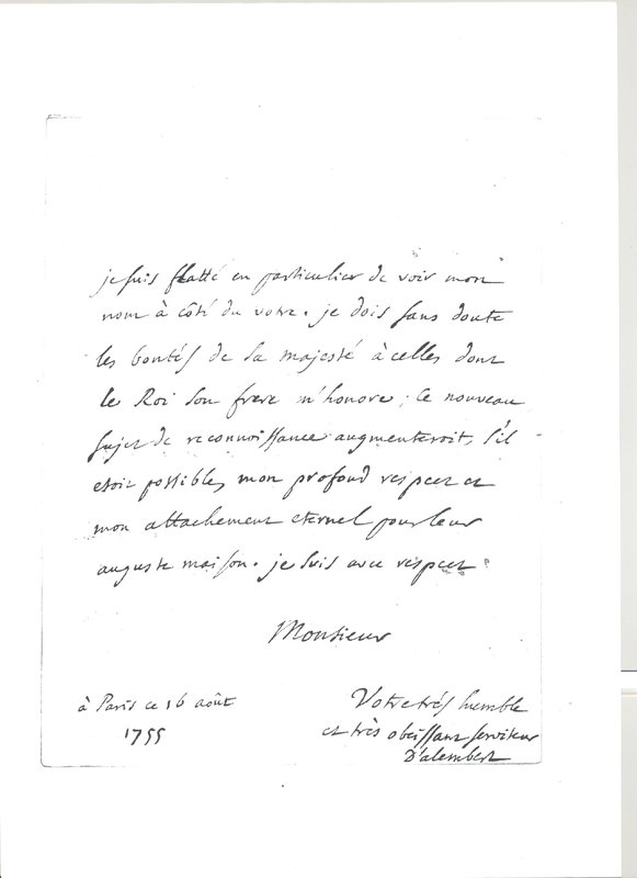 Lettre de D'Alembert à Scheffer Karl, 16 août 1755 Lettre de D'Alembert à Scheffer Karl, 16 août 1755