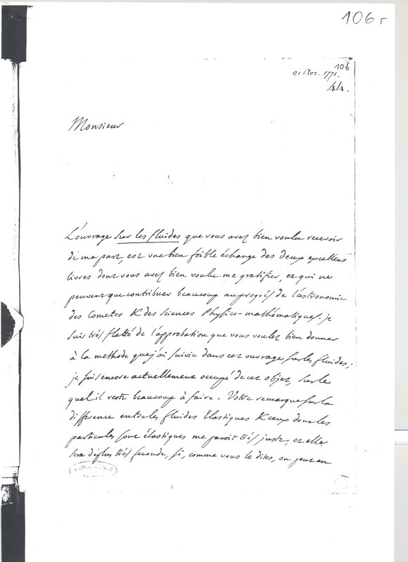 Lettre de D'Alembert à Lambert Jean Henri, 21 avril 1771 Lettre de D'Alembert à Lambert Jean Henri, 21 avril 1771