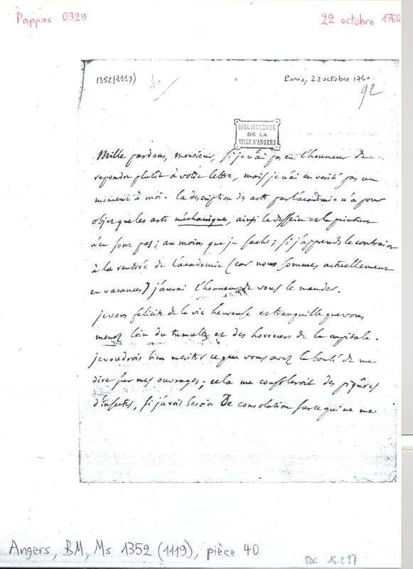Lettre de D'Alembert à Lenoir, 22 octobre 1760 Lettre de D'Alembert à Lenoir, 22 octobre 1760
