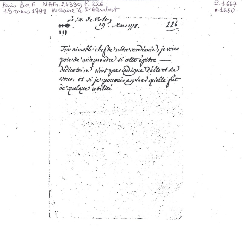 Lettre de Voltaire à D'Alembert, 19 mars 1778