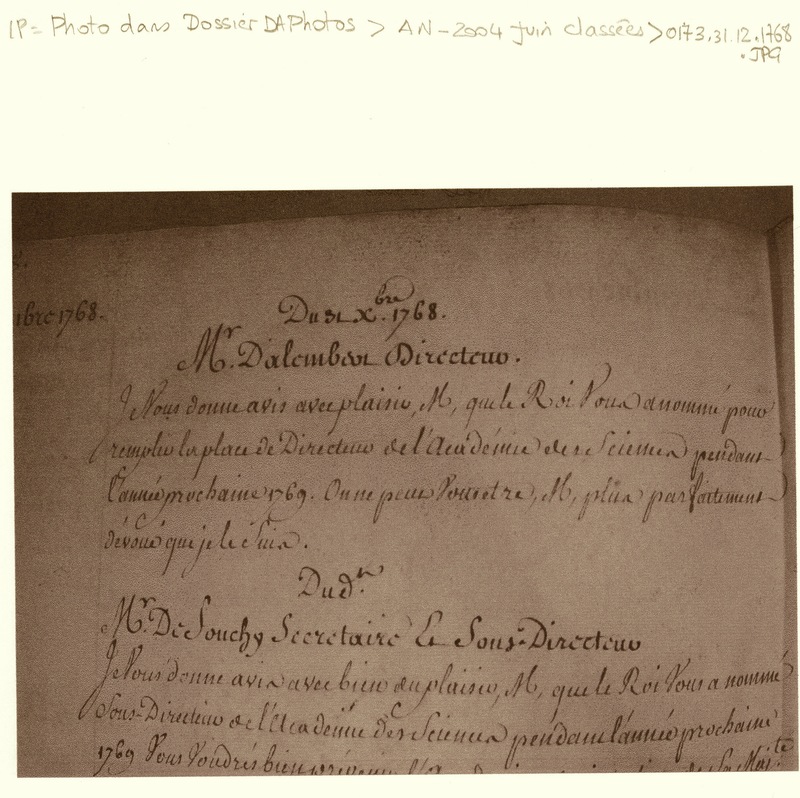 Lettre de Saint Florentin à D'Alembert, 31 décembre 1768 Lettre de Saint Florentin à D'Alembert, 31 décembre 1768
