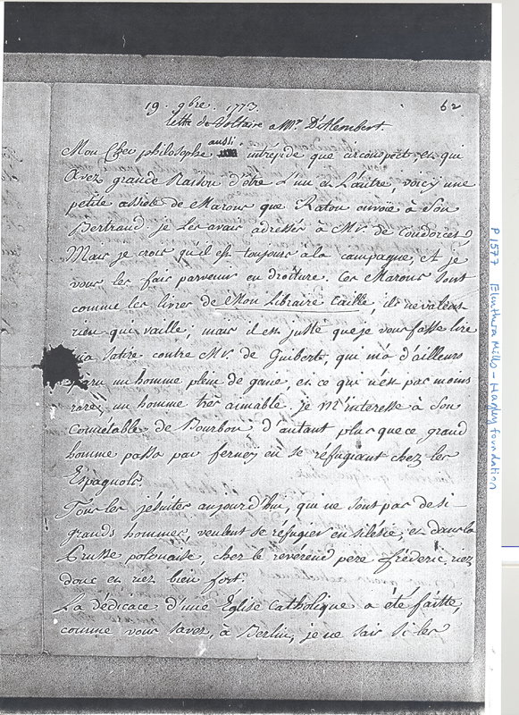 Lettre de Voltaire à D'Alembert, 19 novembre 1773 Lettre de Voltaire à D'Alembert, 19 novembre 1773