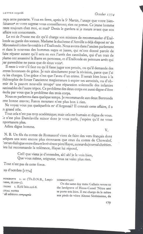 Lettre de Voltaire à D'Alembert, 29 octobre 1774 Lettre de Voltaire à D'Alembert, 29 octobre 1774