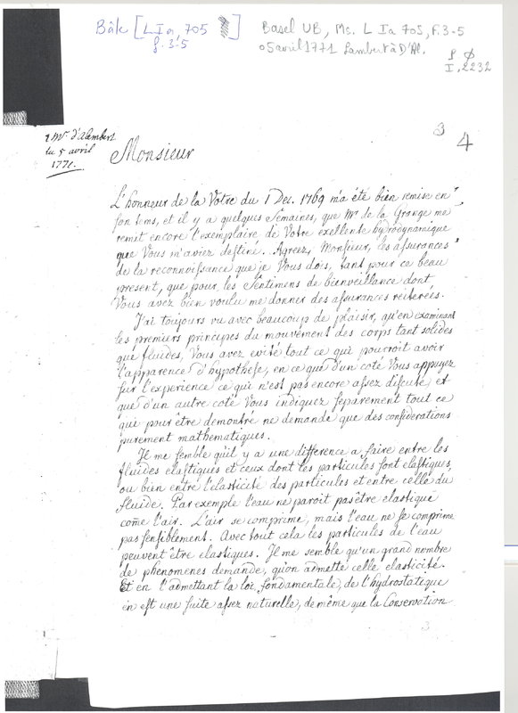 Lettre de Lambert Jean Henri à D'Alembert, 5 avril 1771 Lettre de Lambert Jean Henri à D'Alembert, 5 avril 1771