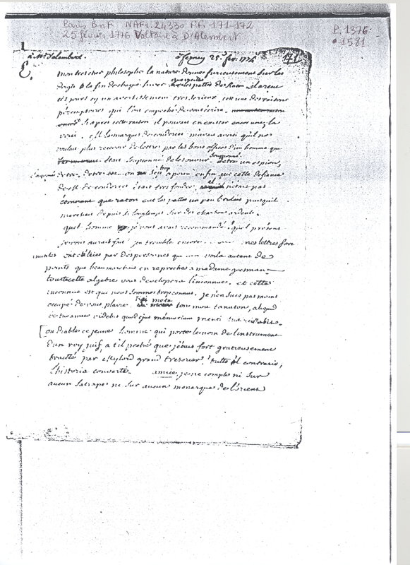 Lettre de Voltaire à D'Alembert, 25 février 1774 Lettre de Voltaire à D'Alembert, 25 février 1774