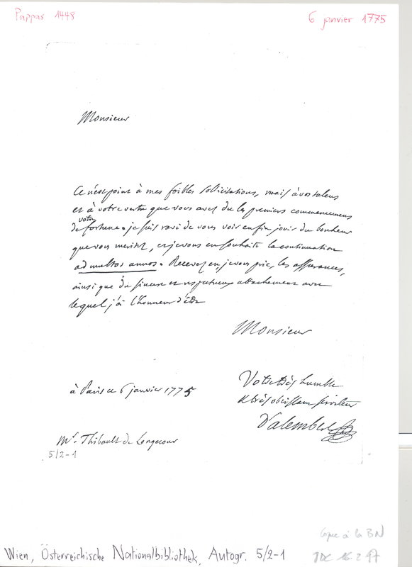 Lettre de D'Alembert à Thibault de Longecour, 6 janvier 1775 Lettre de D'Alembert à Thibault de Longecour, 6 janvier 1775