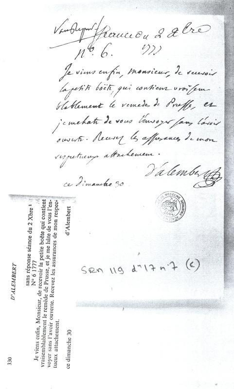 Lettre de D'Alembert à Vicq d'Azyr, 30 novembre 1777 Lettre de D'Alembert à Vicq d'Azyr, 30 novembre 1777