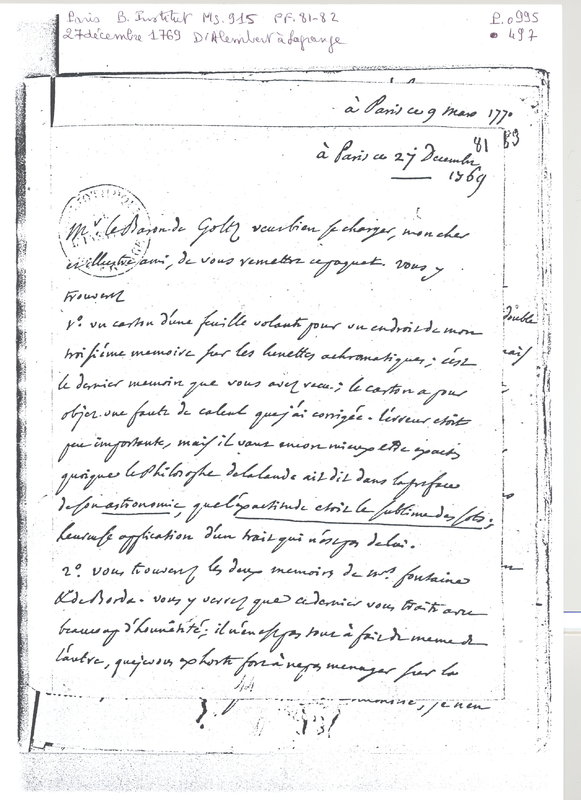 Lettre de D'Alembert à Lagrange, 27 décembre 1769 Lettre de D'Alembert à Lagrange, 27 décembre 1769
