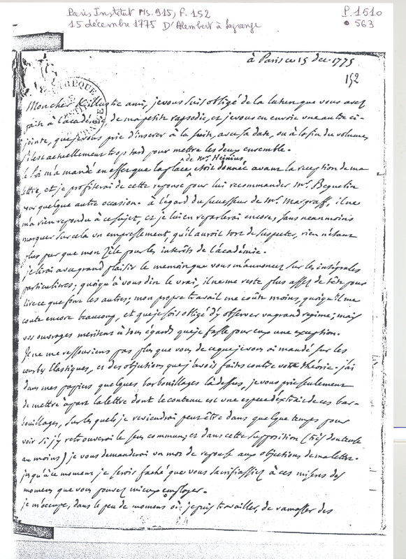 Lettre de D'Alembert à Lagrange, 15 décembre 1775 Lettre de D'Alembert à Lagrange, 15 décembre 1775