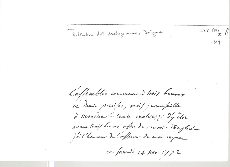 Lettre de D'Alembert à Malvezzi, 14 novembre 1772 Lettre de D'Alembert à Malvezzi, 14 novembre 1772