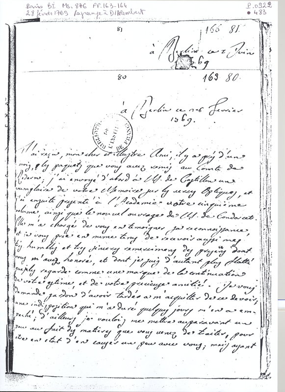 Lettre de Lagrange à D'Alembert, 28 février 1769 Lettre de Lagrange à D'Alembert, 28 février 1769