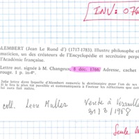 Lettre de D'Alembert à Changeux, 8 décembre 1766