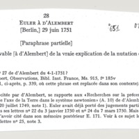 Lettre de Euler Leonhard à D'Alembert, 29 juin 1751